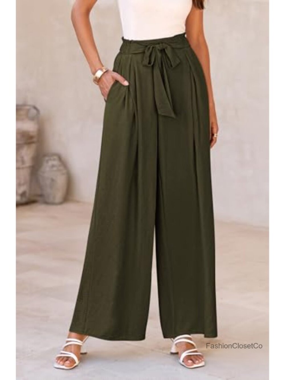 Women's Wide Leg Palazzo Trousers High Waisted Elastic Work Pants - Picture 5 of 6
